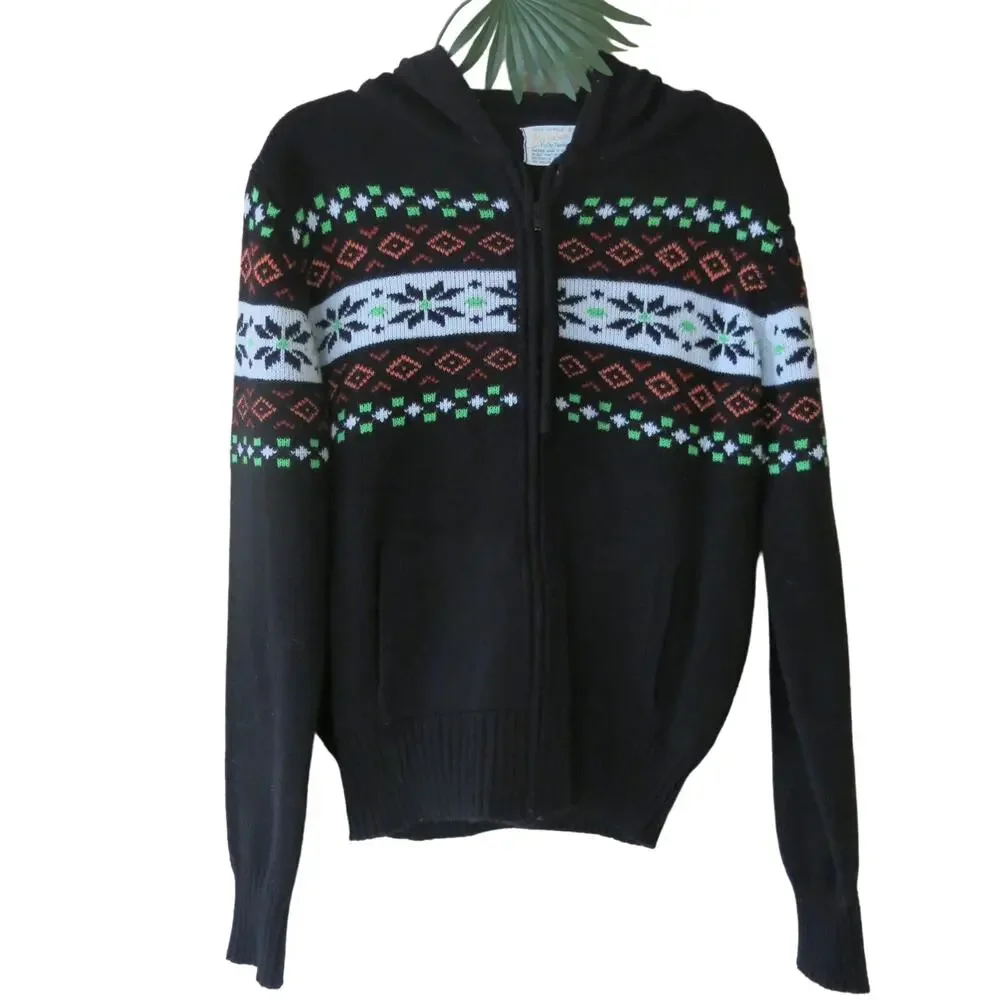 VINTAGE 1970 HELEN SUE Zip Hooded Sweater Size M Fair Isle Black/Multicolor Fall